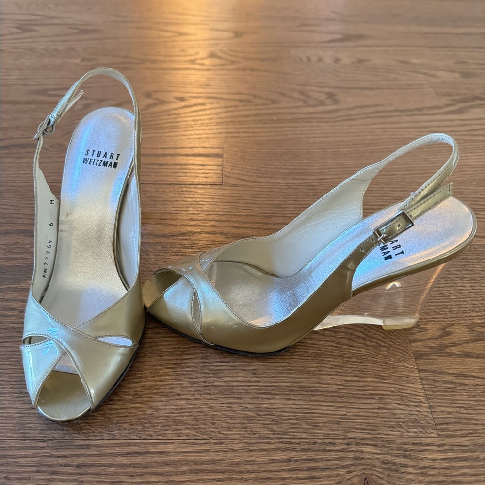 Stuart Weitzman Slingback Clear Wedge leather silver heels size 6